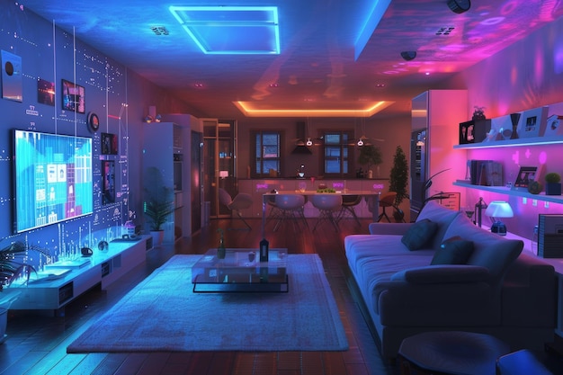 A digital rendering of a smart home interior with glowing random holographic icons representing various connected devices and appliances