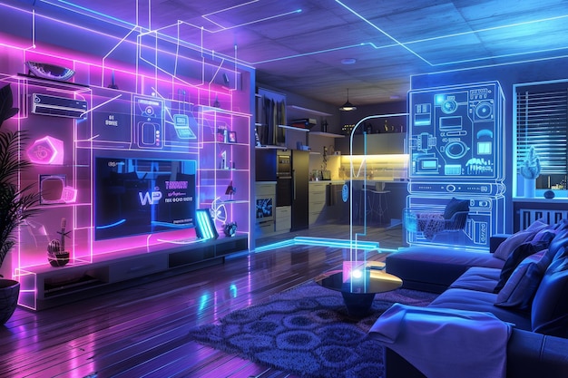 A digital rendering of a smart home interior with glowing random holographic icons representing various connected devices and appliances