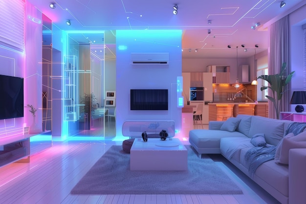 A digital rendering of a smart home interior with glowing random holographic icons representing various connected devices and appliances