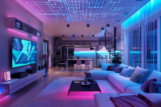 A digital rendering of a smart home interior with glowing random holographic icons representing various connected devices and appliances