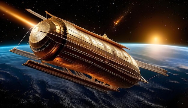 A digital rendering of a spaceship sailing through space with golden sails and intricate details