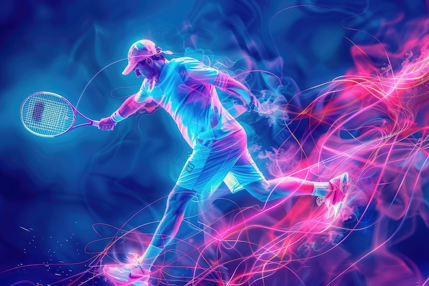 Digital Rendering of Tennis Player in Action Futuristic Background