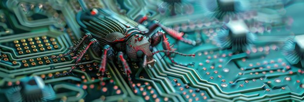 Photo a digital rendering of a tiny mechanical insect trapped inside a circuit board maze symbolizing a software bug in a computer system