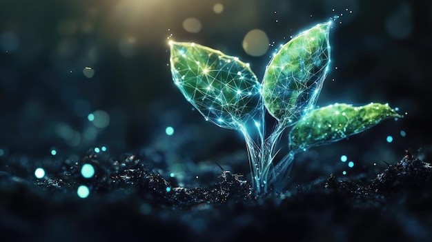 A digital rendering of a young green plant sprouting from the soil