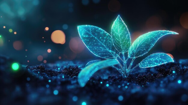 A digital rendering of a young green plant sprouting from the soil