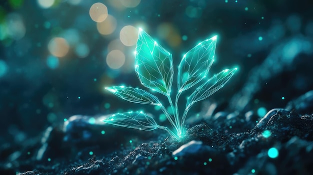 A digital rendering of a young green plant sprouting from the soil