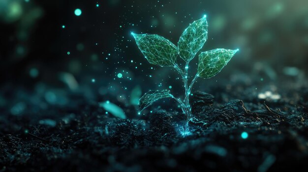 A digital rendering of a young green plant sprouting from the soil