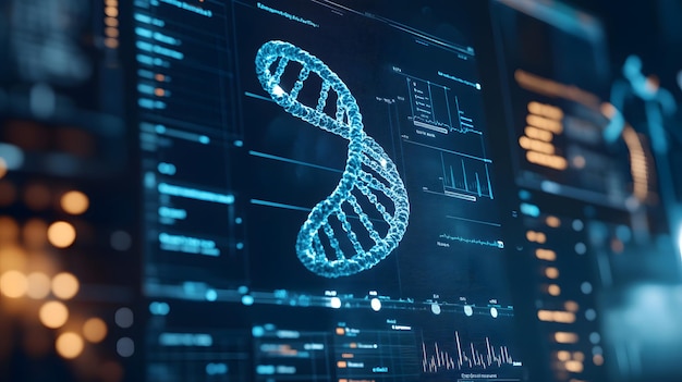 Photo digital representation of a dna helix on a computer screen with various data visualizations