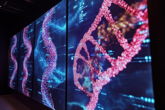 Photo digital representation of dna strands displayed on multiple screens