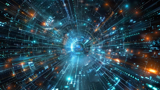 Digital representation of a highspeed data tunnel in cyberspace with glowing blue light streams