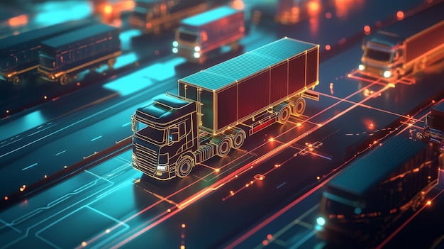 A digital representation of a semitruck navigating a complex network of roads symbolizing eff