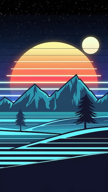 Photo digital retro summer landscape with mountns 80s style synthwave or retrowave illustration