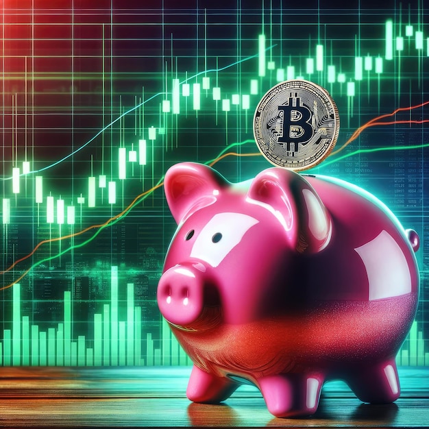 Digital Savings Concept with Pink Piggybank and Bitcoin Emblem