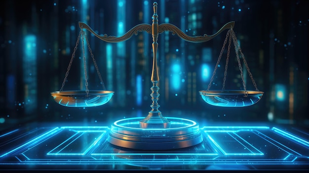 Digital scales of justice on dark background Concept of justice and law