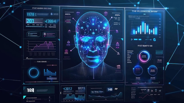 Photo digital screen of biometric verification system facial recognition with ai technology concept of face data hud ui person security