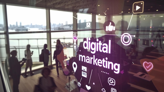 a digital screen shows a digital display with the words digital marketing on it