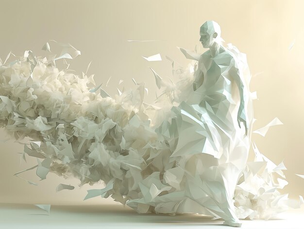 Photo a digital sculpture of a human form unravels into paperlike fragments evoking a theme of disintegrat