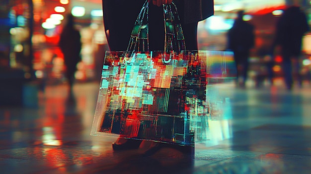 Photo digital shopping bag with neon lights