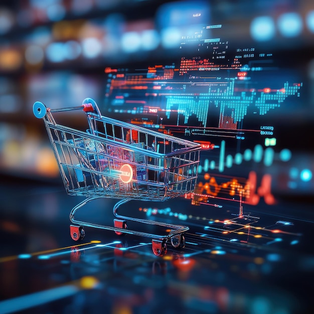 Photo digital shopping cart with analytics graphics displayed in a futuristic retail environment during evening hours