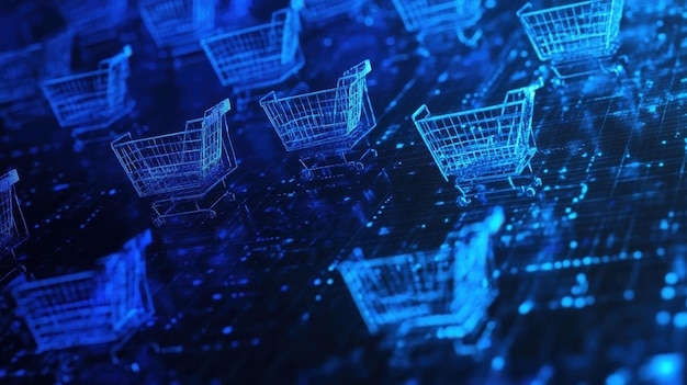 Photo digital shopping carts illuminated in blue against a dark network background symbolize online retail innovation and modern consumerism