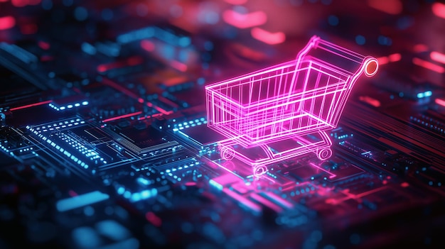 Digital Shopping Concept with Neon Futuristic Shopping Cart on Circuit Board