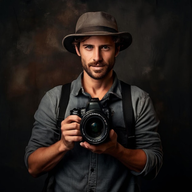 Digital singlelens reflex camera in hands Man photographer makes photos Male hands hold the camera closeup and adjust lens