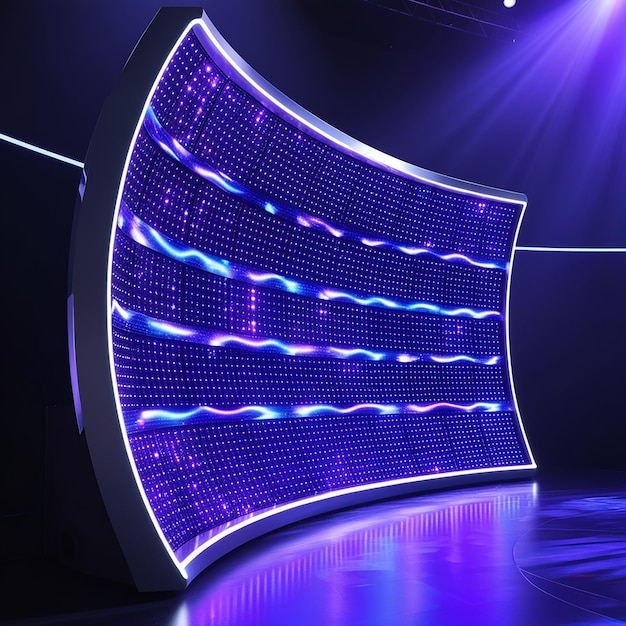 Photo digital stage screen with led panels tv show display for concert or night disco party curve concave electronic monitors with neon blue and purple glow lcd video technology