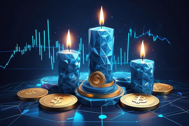 Digital stock exchange trading Investment candle sticks and dollar coins in blue modern