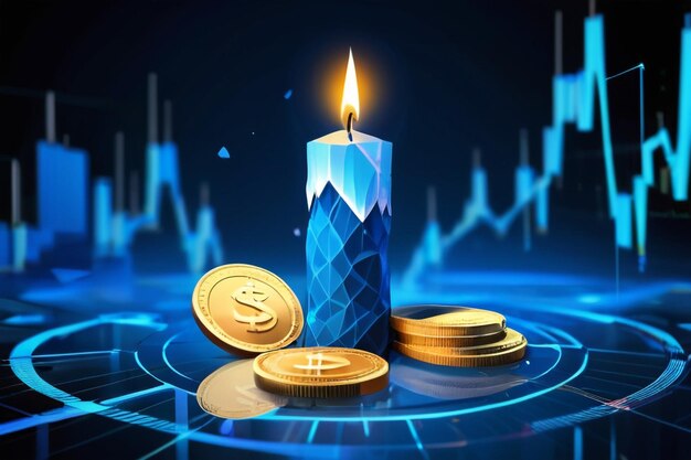 Photo digital stock exchange trading investment candle sticks and dollar coins in blue modern