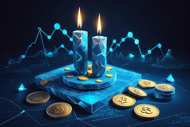 Photo digital stock exchange trading investment candle sticks and dollar coins in blue modern