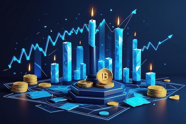 Digital stock exchange trading Investment candle sticks and dollar coins in blue modern