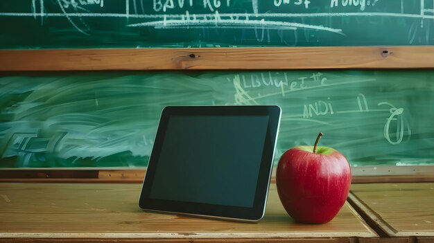 Photo digital tablet and apple on the desk in front of blackboard