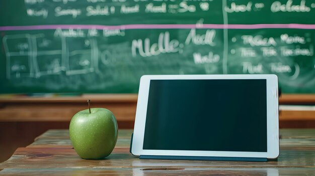 Photo digital tablet and apple on the desk in front of blackboard