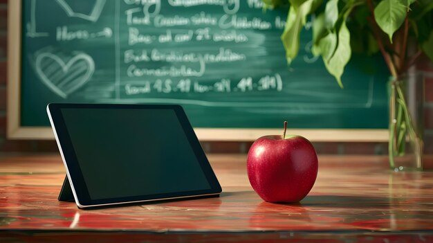 Photo digital tablet and apple on the desk in front of blackboard