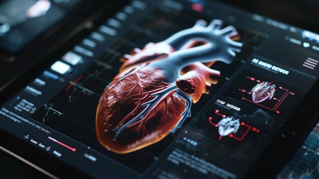 Photo digital tablet displaying interactive anatomy app focused on the human heart and its functions