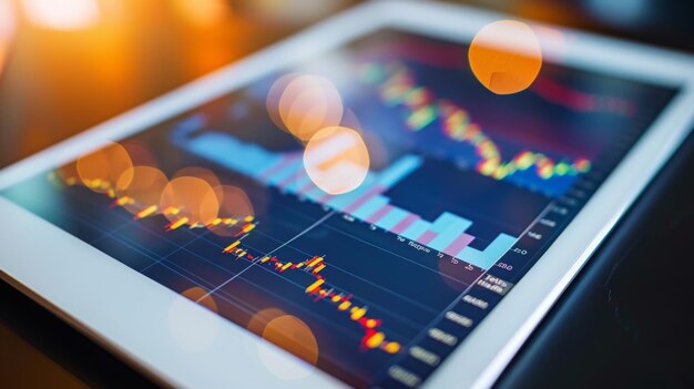 A digital tablet displaying a stock market graph with fluctuating trends depicting the dynamic nature of financial markets