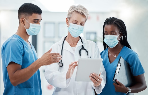 Digital tablet face mask and team of doctors in collaboration doing covid research with technology Teamwork pandemic and healthcare workers consulting on medicine with a mobile device in hospital