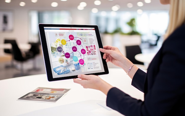 Digital tablet in the hands of a woman with a blank screen of a mobile application