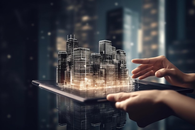 Digital tablet and a hologram of modern buildings Illustration AI GenerativexA