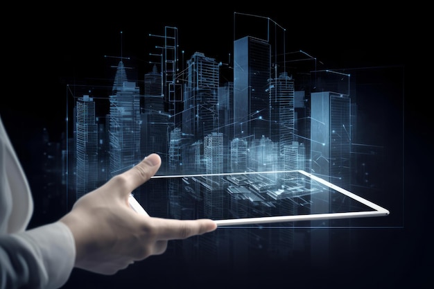 Digital tablet and a hologram of modern buildings Illustration AI GenerativexA