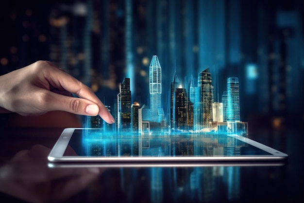 Digital tablet and a hologram of modern buildings Illustration AI GenerativexA