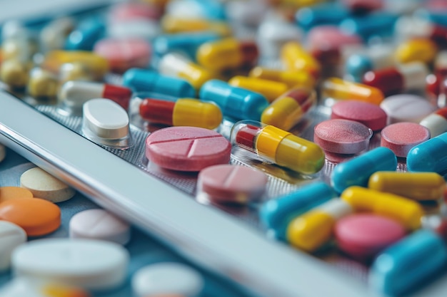 A digital tablet lying amidst a variety of colorful pills and capsules symbolizing healthcare and technology integration