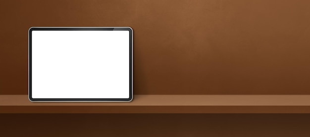 Digital tablet pc on brown wall shelf Background banner