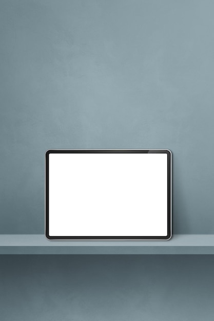 Digital tablet pc on grey wall shelf. Vertical background banner. 3D Illustration