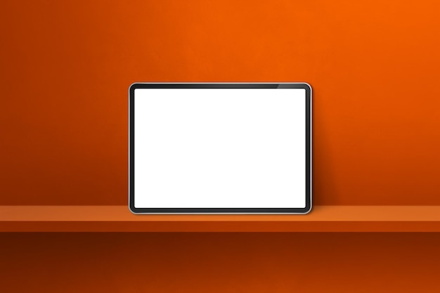 Digital tablet pc on orange wall shelf. Horizontal background banner. 3D Illustration