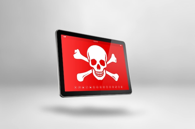 Digital tablet PC with a pirate symbol on screen Hacking and virus concept