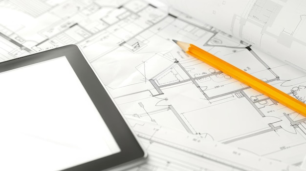 digital tablet and yellow pencil on house plan