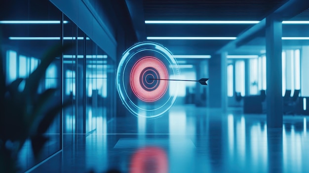 Photo a digital target with an arrow hitting the center in a modern office space at dusk showcases precision and focus in a techdriven environment