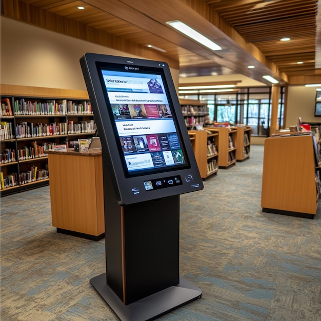 Photo a digital touchscreen kiosk in a library allowing patrons to browse the catalog and check out items