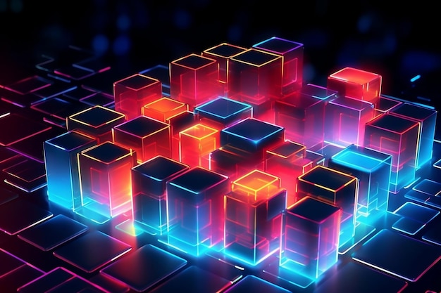 Digital transformation concept showcasing an isometric glowing 3D cubes vibrant neon